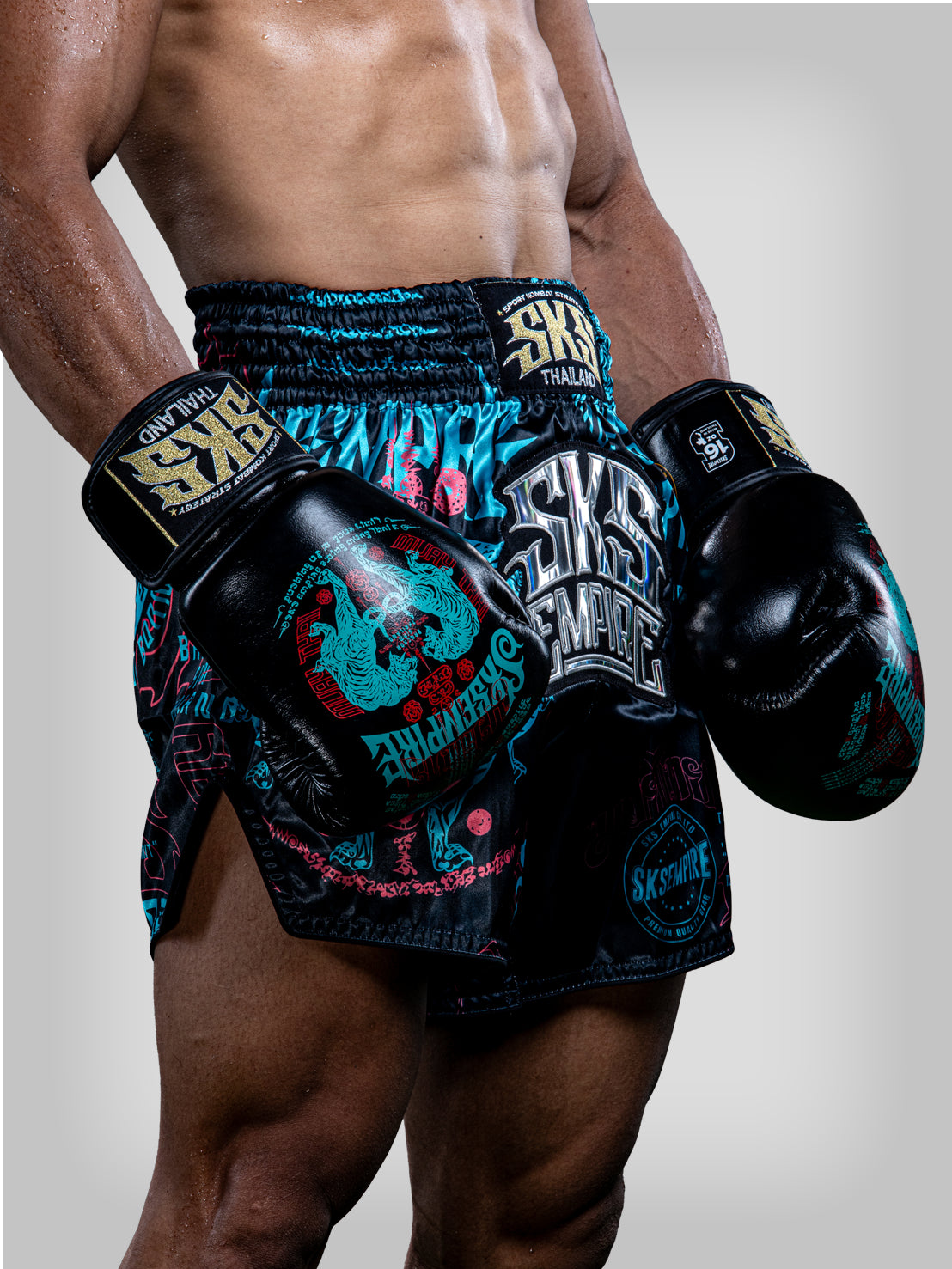 SKS Empire Boxing Gloves - Sak Yant - Stickerbomb - Black / Blue