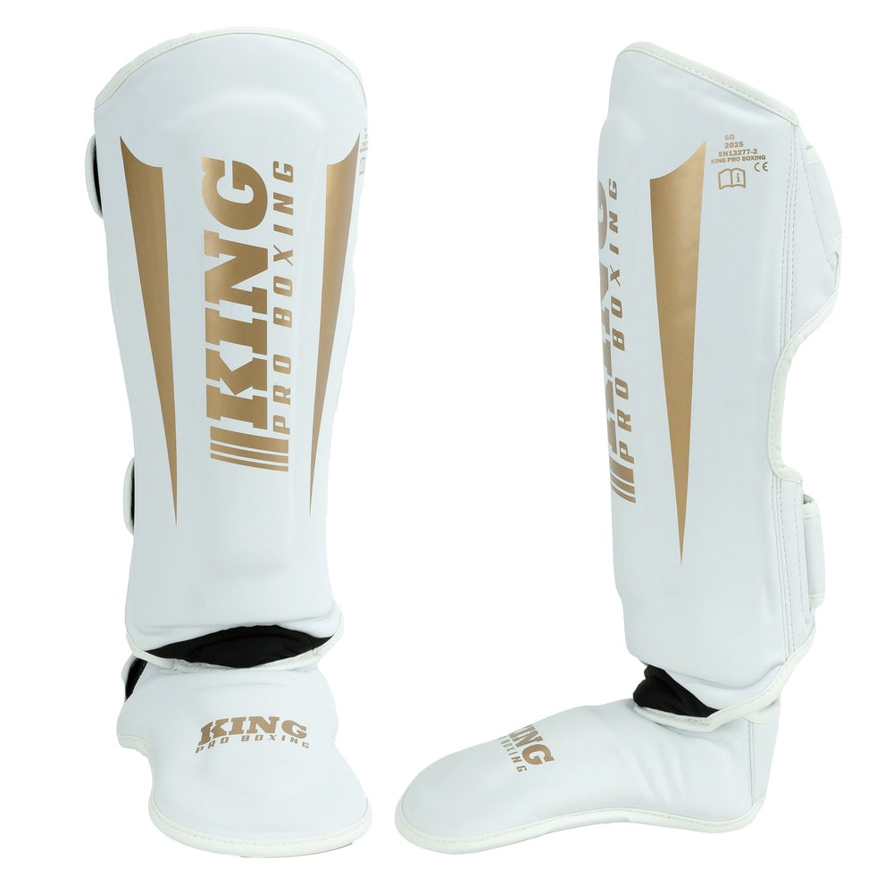 King Pro Boxing Revo 9 Kickboxing Shin Guards - White/Gold