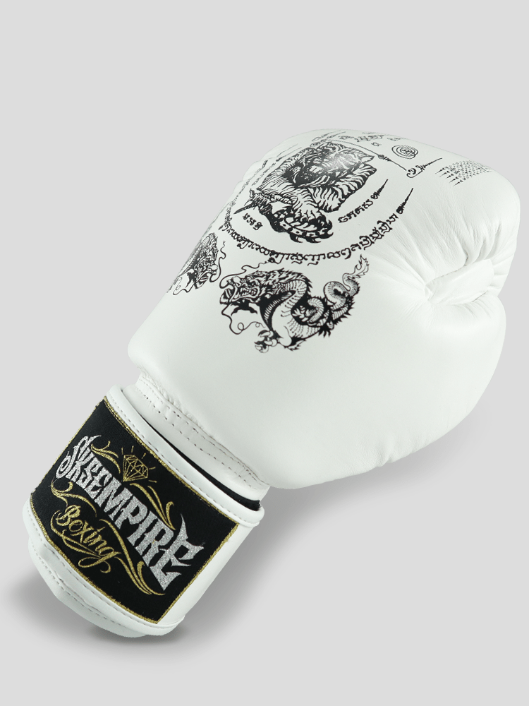 SKS Empire Boxing Gloves - Sak Yant - Genuine Leather - White / Black