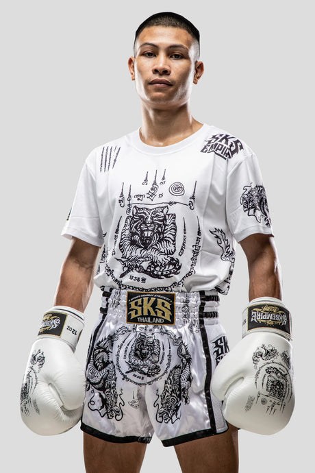 SKS Muay Thai Shorts Sakyant “Tiger & Dragon” - Wit / Zwart