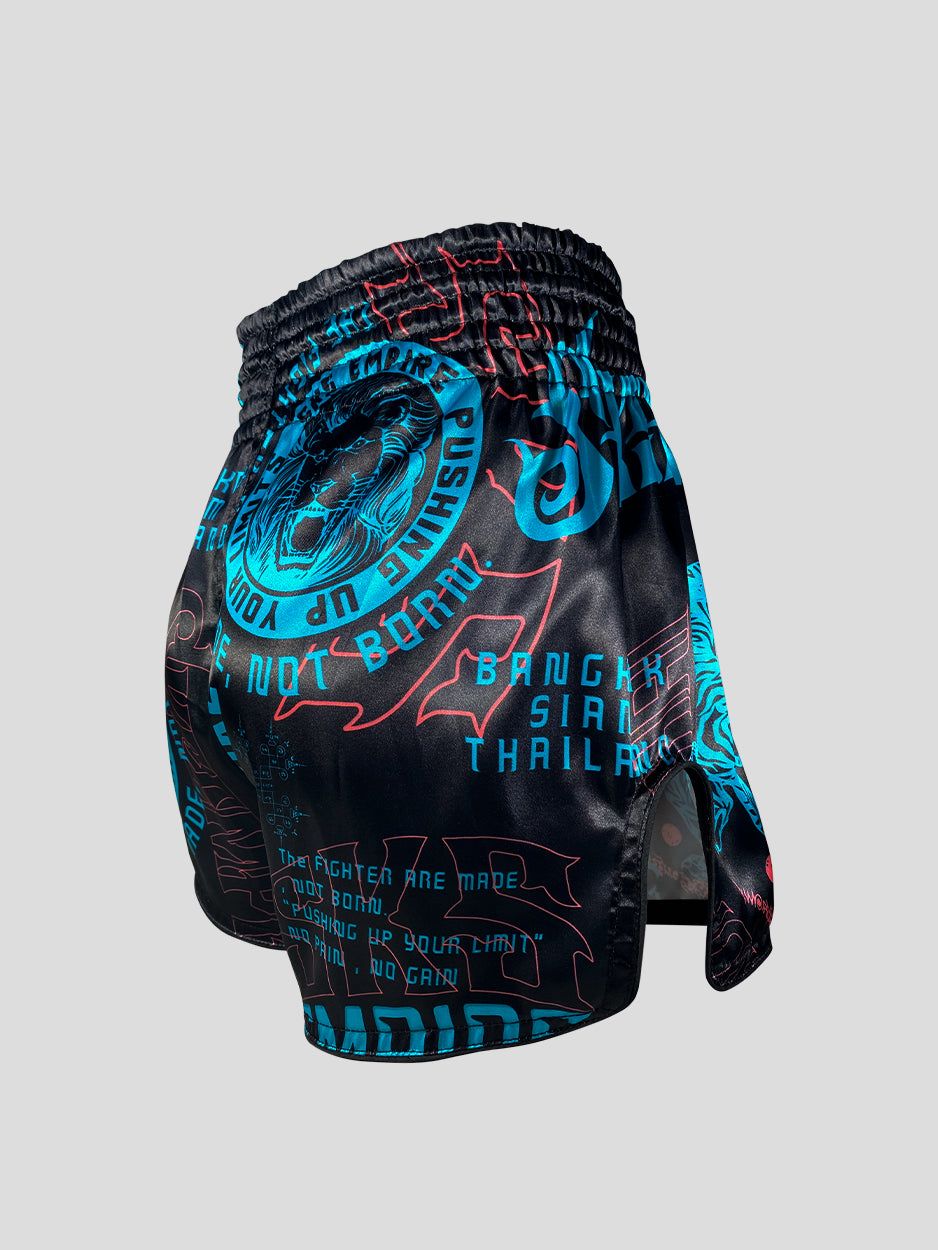 SKS Muay Thai Shorts Sakyant “Stickerbomb” - Zwart / Blauw
