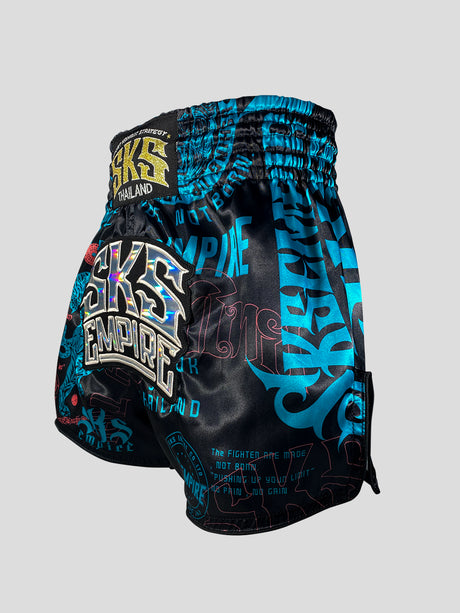 SKS Muay Thai Shorts Sakyant “Stickerbomb” - Zwart / Blauw