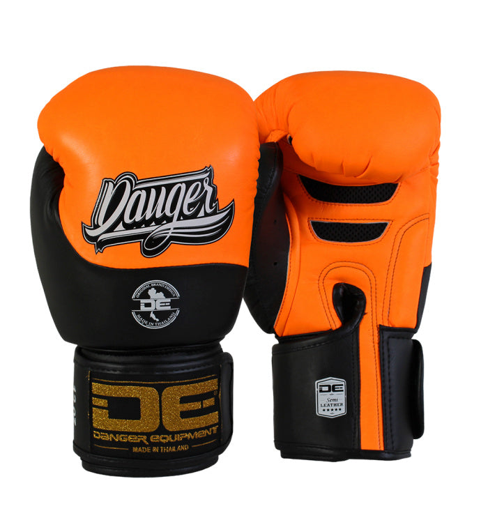 Danger Evolution Black Wrist Boxing Gloves - Semi Leather - Neon Orange/Black