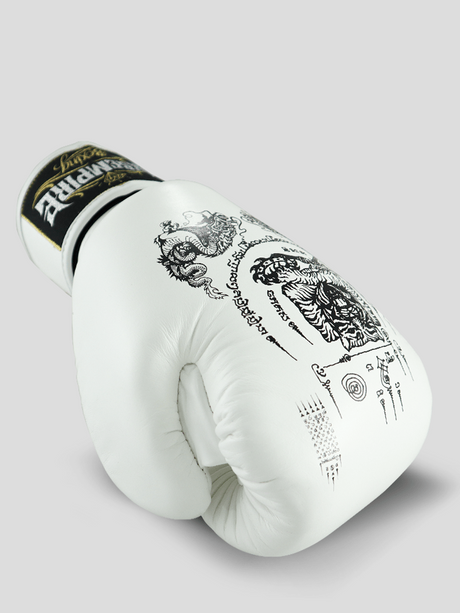 SKS Empire Boxing Gloves - Sak Yant - Genuine Leather - White / Black