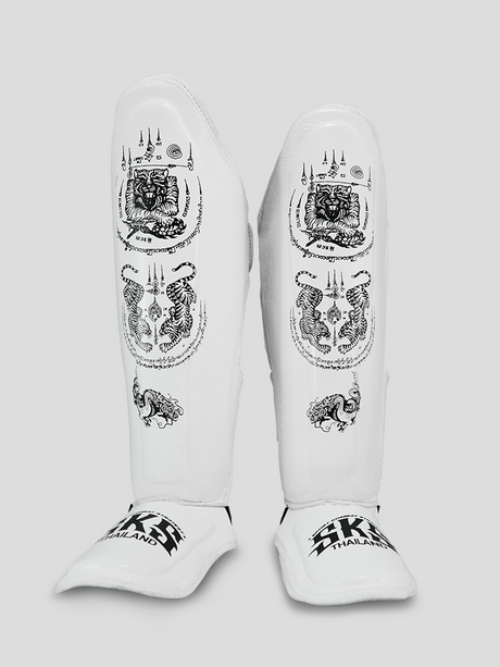 SKS Empire Shin Guards - Sak Yant - Genuine Leather - White / Black