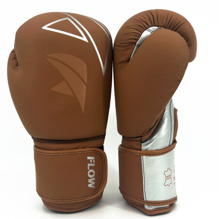 Flow Progress Boxing Gloves - Multi-Layered Foam - Matte Brown/Silver Cowhide Leather