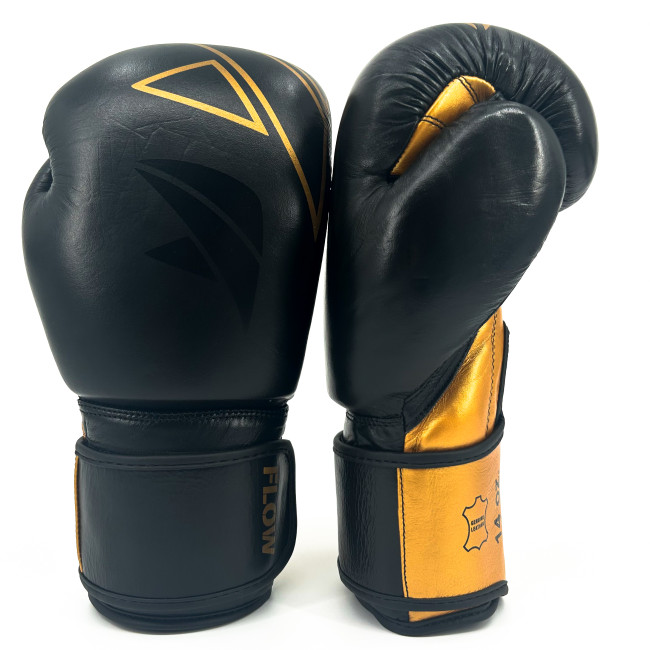 Flow Progress Boxing Gloves - Multi-Layered Foam - Black/Gold Cowhide Leather