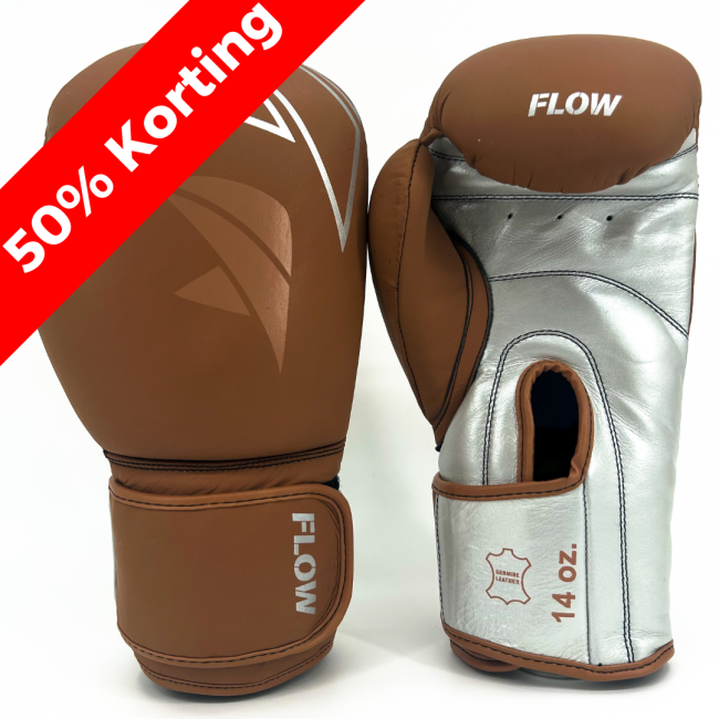 Flow Progress Boxing Gloves - Multi-Layered Foam - Matte Brown/Silver Cowhide Leather