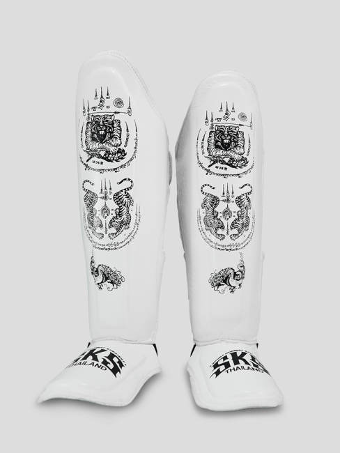 SKS Empire Shin Guards - Sak Yant - Real Leather - White / Black